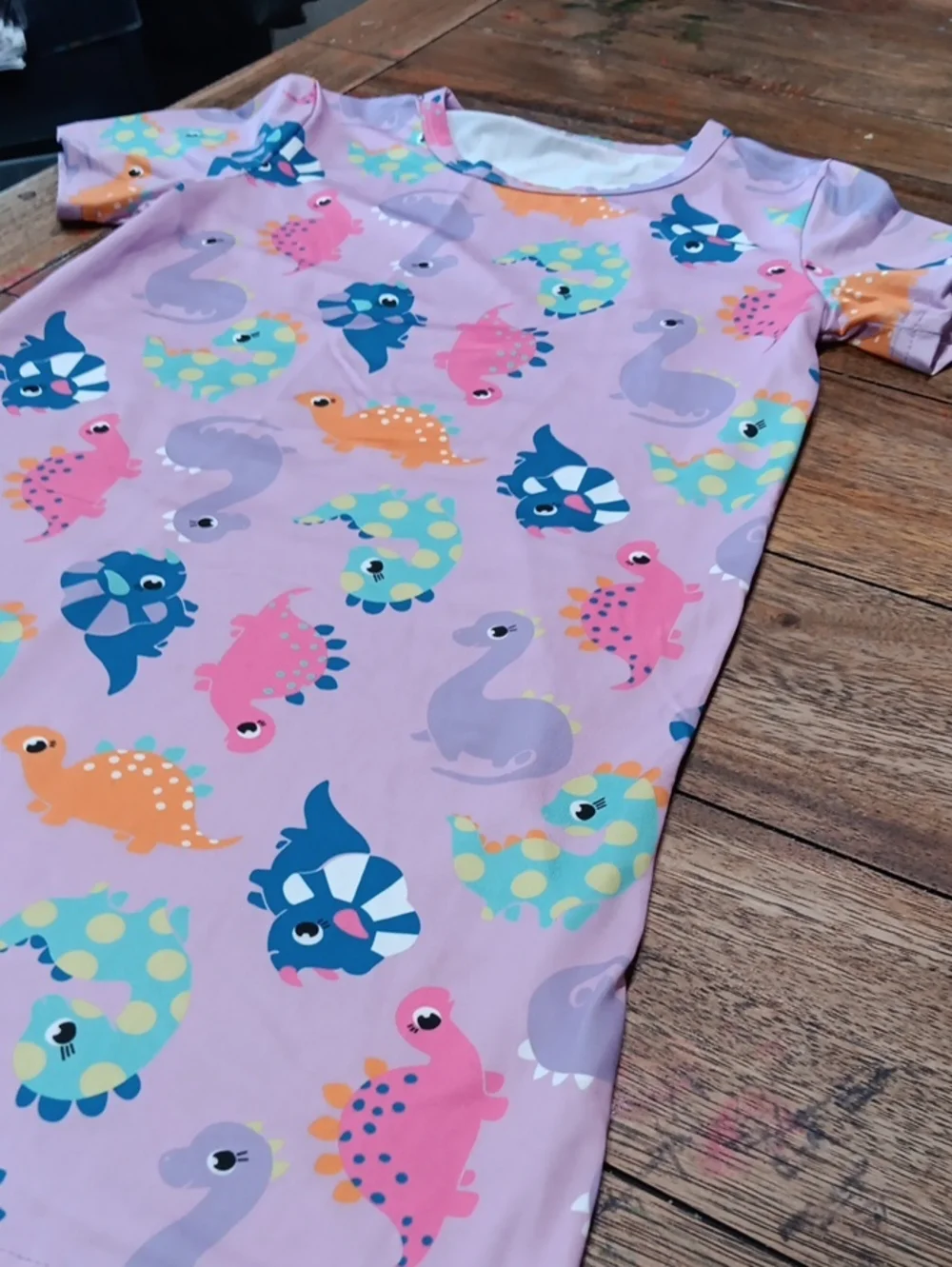 Girls' Pink Dinosaur Print Short Sleeve  Dress